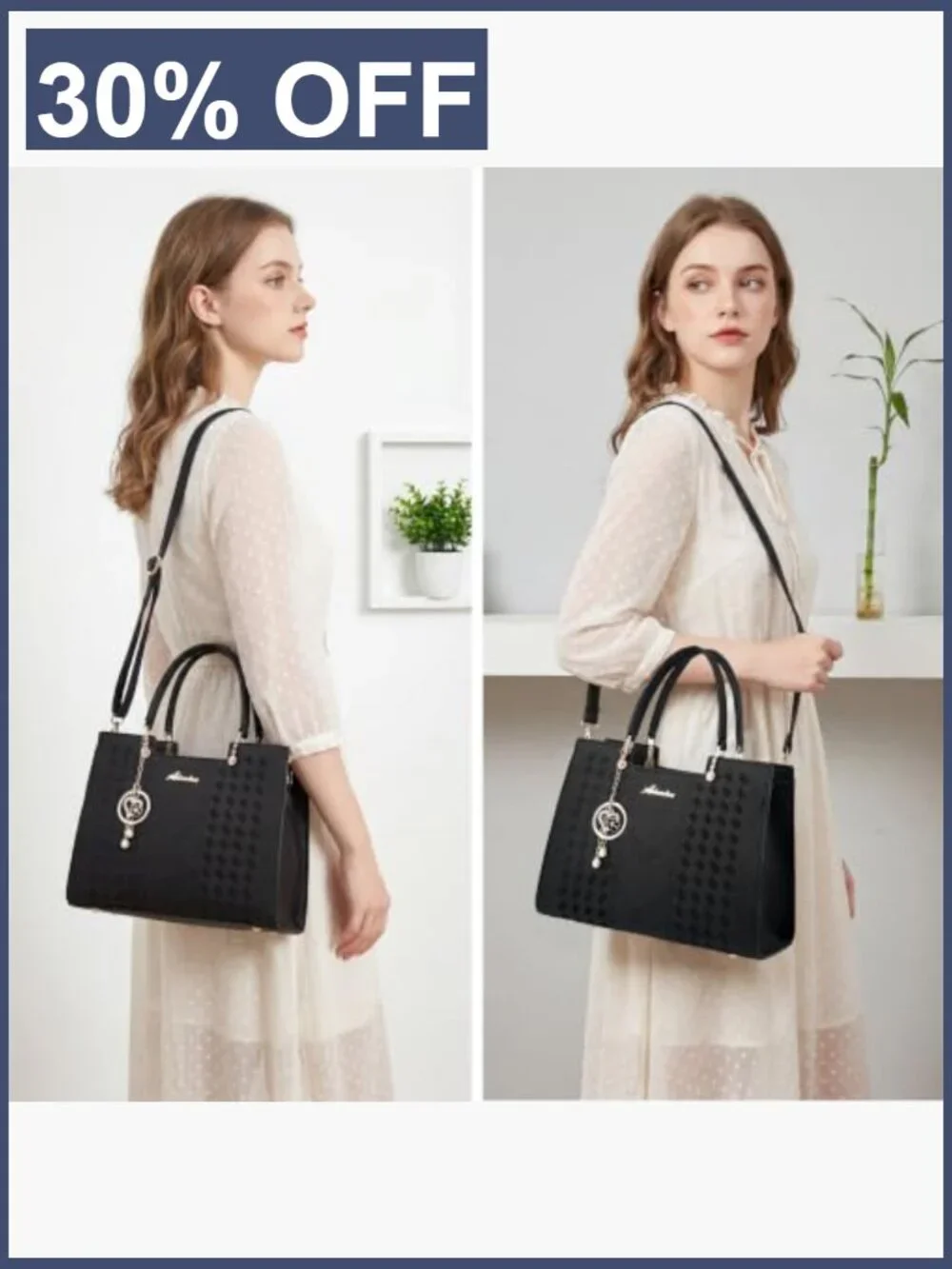 Vegan Leather Satchel Purse w/ Pearl Charm Tote Crossbody Bag
